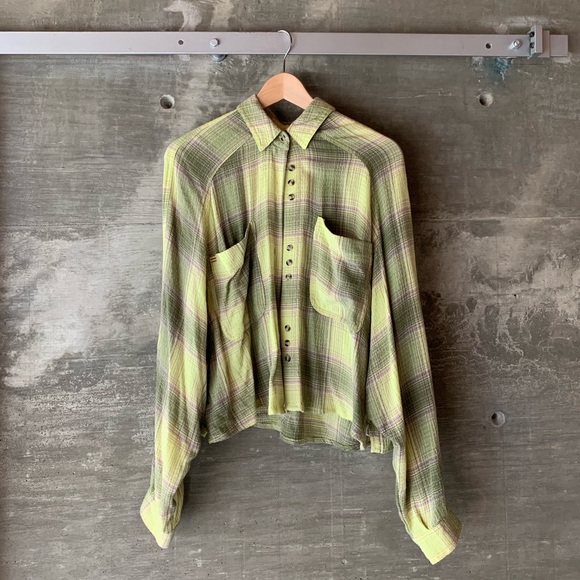Urban Outfitters Chartreuse And Purple Button Down Checkered Flannel - Picture 2 of 3